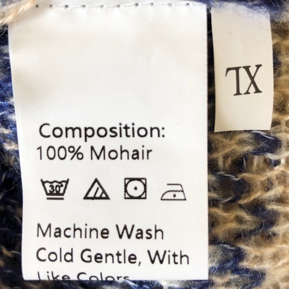 Mohair Knit Sweater XL Blue Beige Diamond Pattern Pullover Cozy Warm - Picture 3 of 14